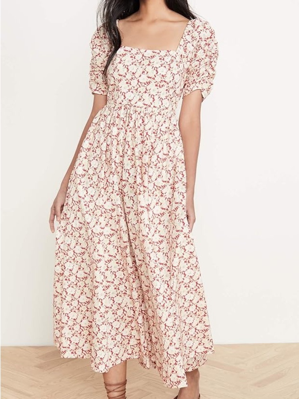 FP Free People She's A Dream Midi Dress - 100% Cotton Red Floral Milkmaid Dress - Picture 5 of 8